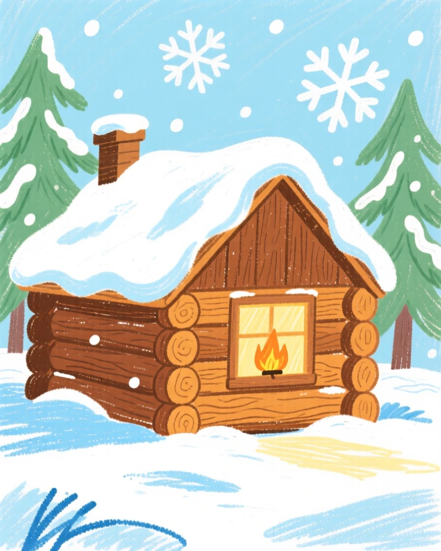 A log cabin dusted with a light layer of fresh snow.