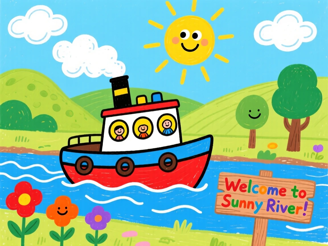 A small tugboat driving through a sunny countryside.