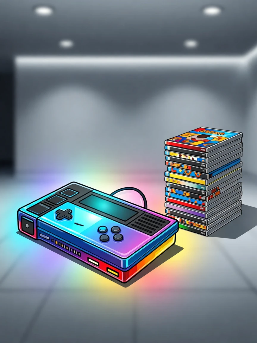 A colorful video game console glowing beside a stack of games, set within a sleek, softly lit modern space, framed with a crisp, high-clarity central focus, with sleek metallic textures catching soft light.