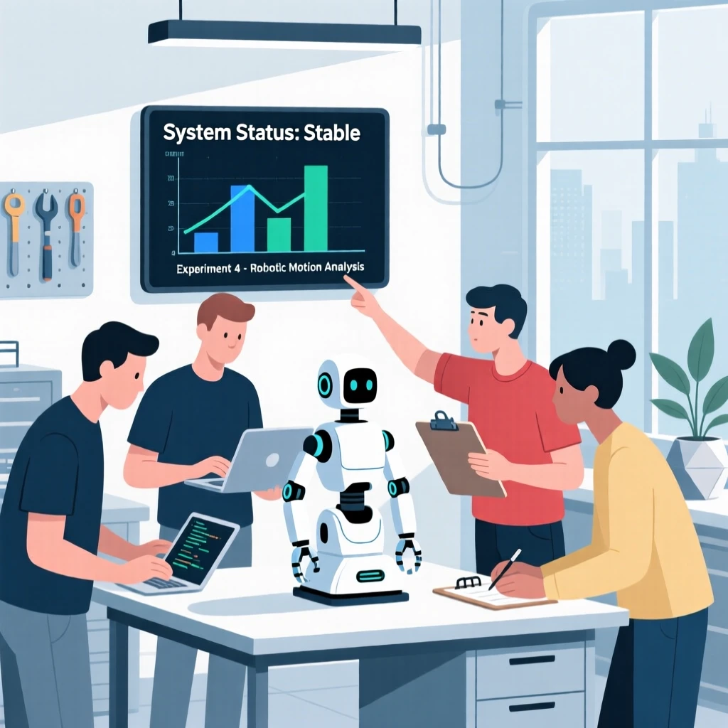 A group of programmers monitoring an experiment in a modern robotics workshop.