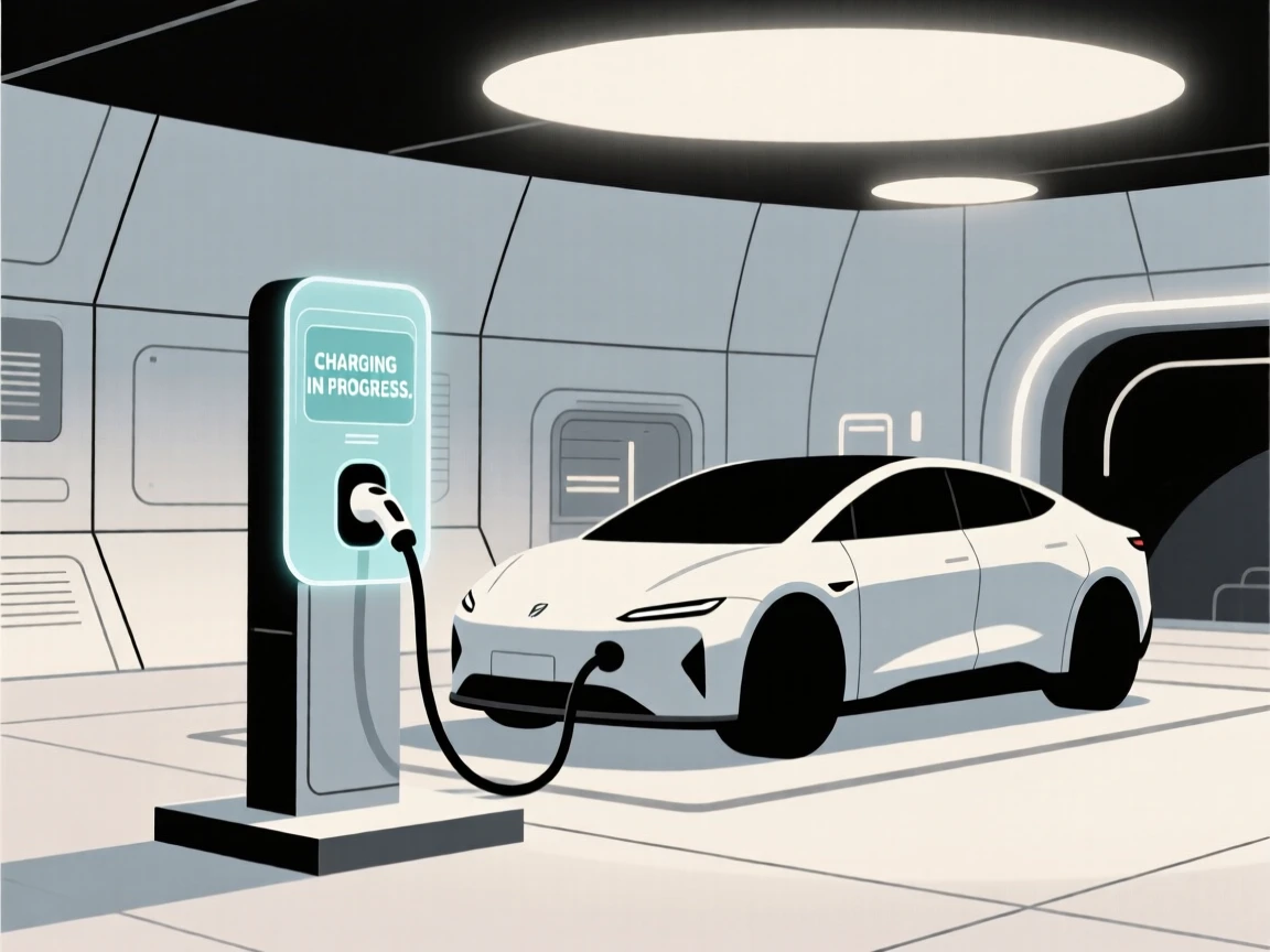 A view of electric car charging station operating within a research space station, near soft ambient lighting, evoking futuristic optimism.