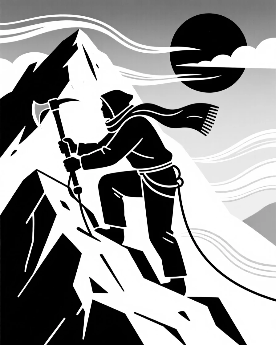 A mountaineer battling fierce winds near a summit.