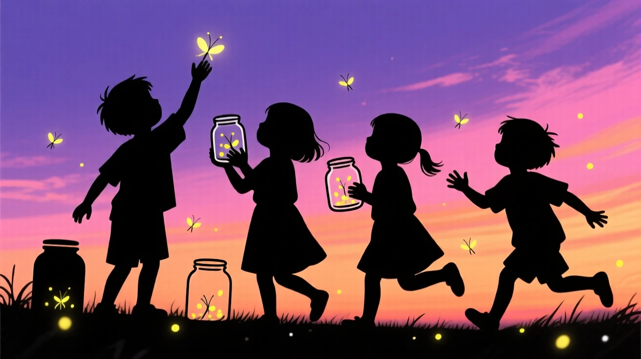 A group of children catching fireflies in jars on a warm summer evening.