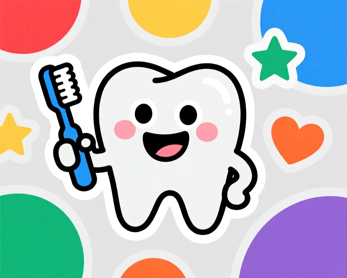 A fun and approachable smiling tooth character holding a toothbrush, surrounded by simple colorful shapes, ideal for early childhood learning.