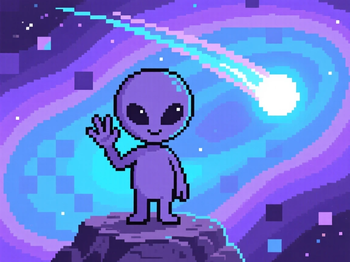 A curious alien child waving at a passing comet, within a nebula glowing in shades of purple and blue.