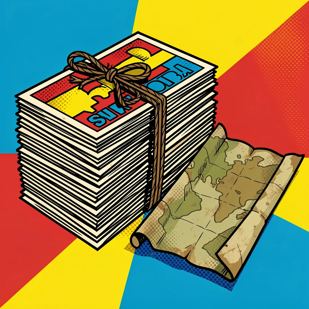 A stack of vintage postcards tied with twine beside an old map