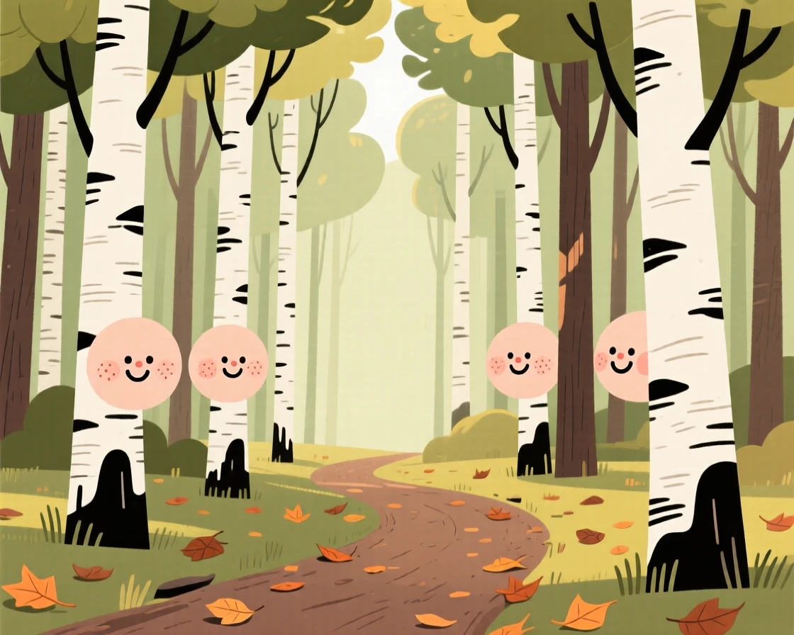 Sunlight filters through a dense woodland of tall birches, casting soft green light across a winding dirt trail scattered with fallen leaves.