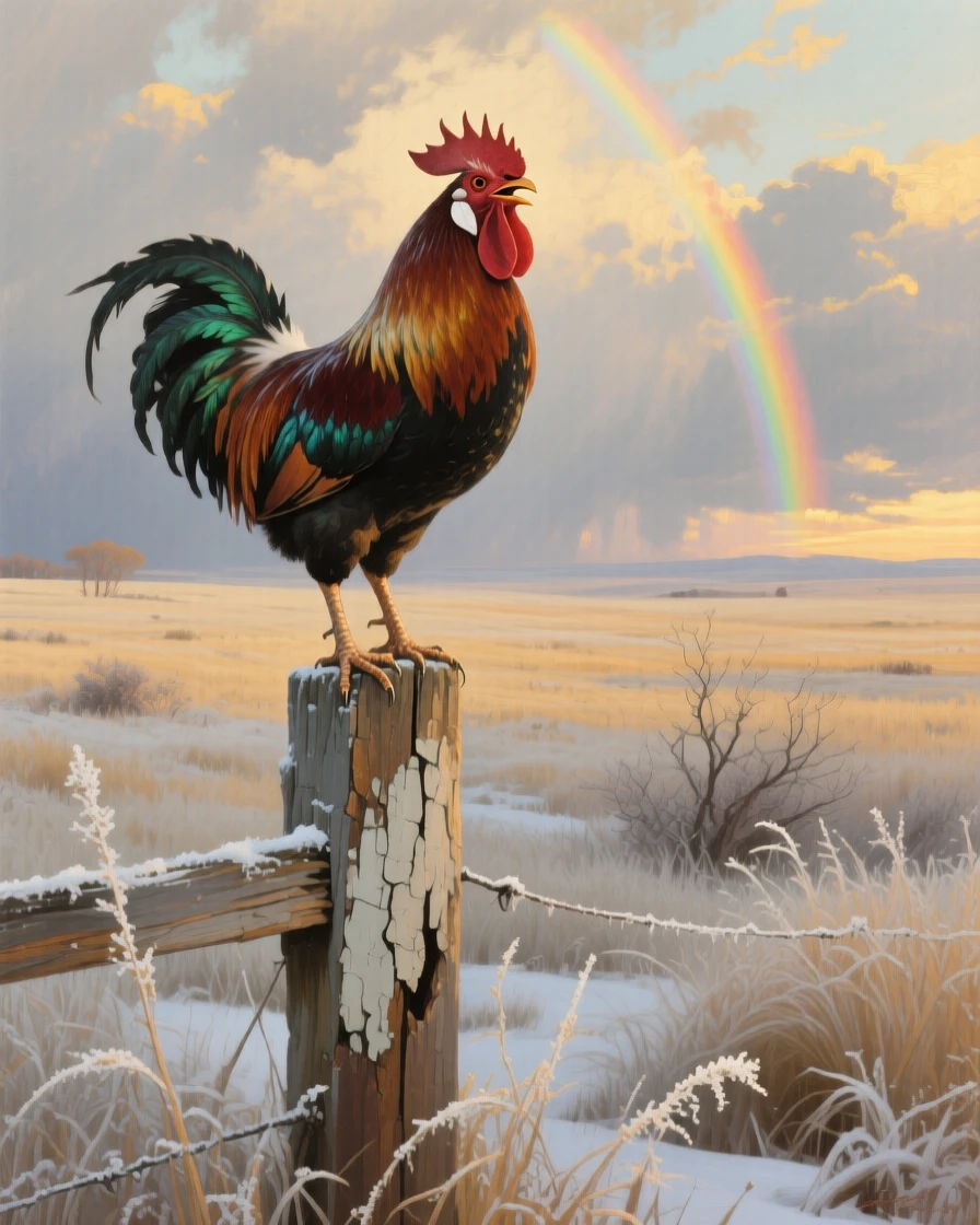 A balanced composition of a proud rooster crowing atop a weathered fence post at sunrise, in the Argentine pampas, in deep winter, under a rainbow after a storm.