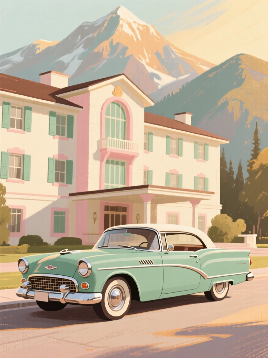 A classic touring car parked before a grand mountain hotel