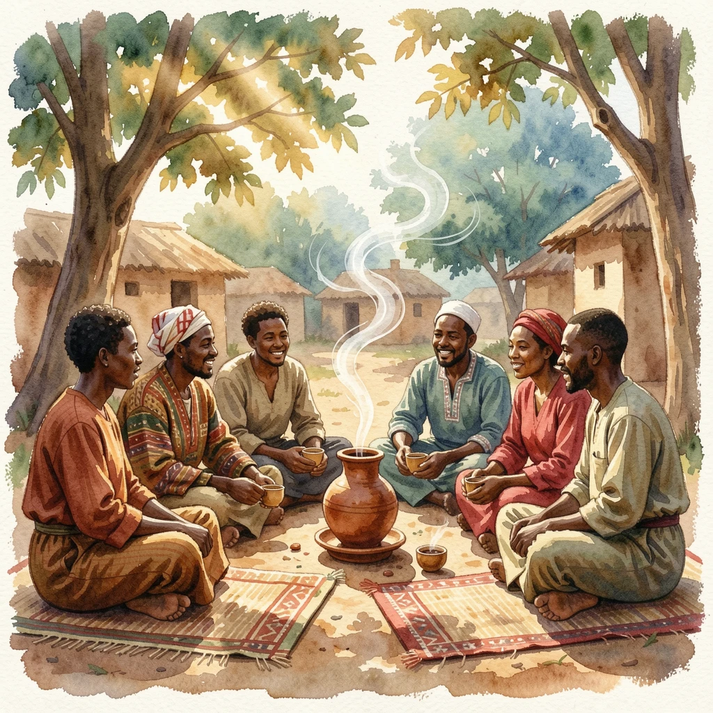 A traditional Ethiopian coffee ceremony with incense with the whole community joining in.