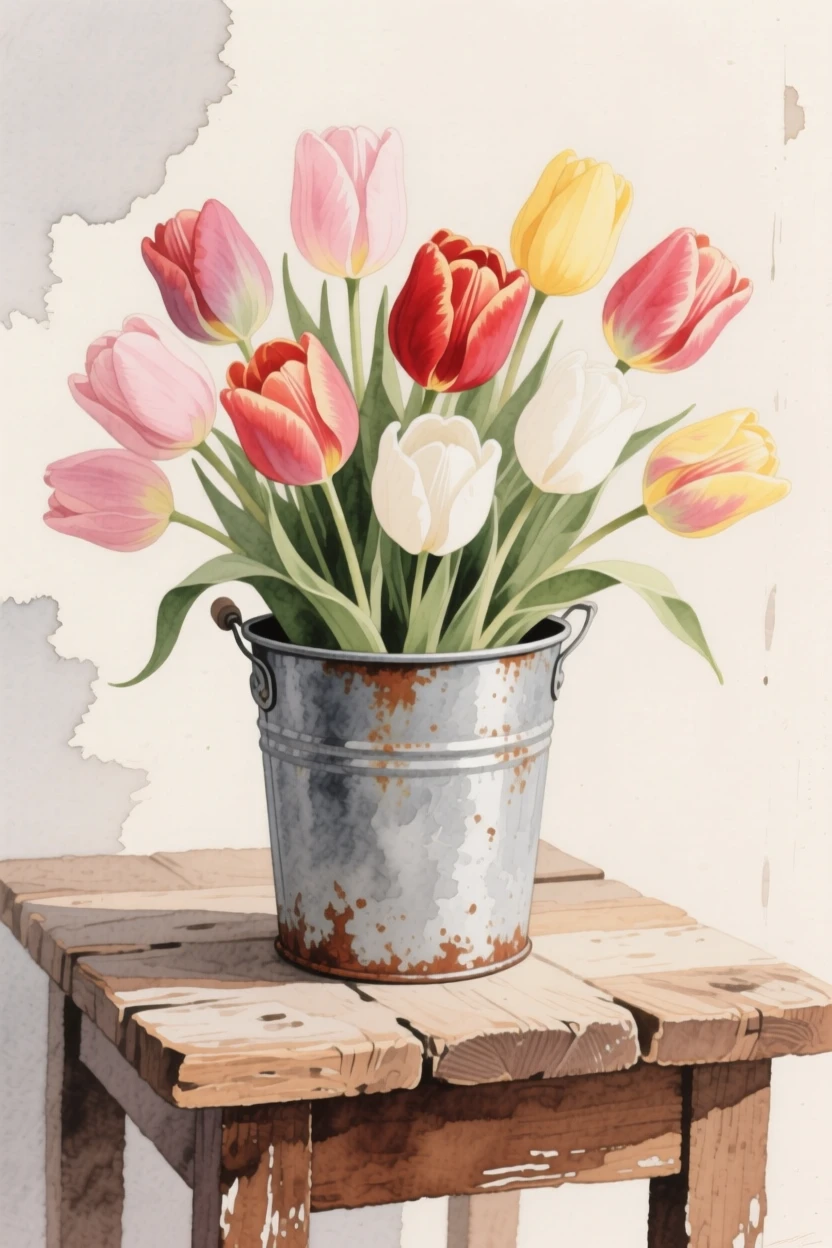 A bouquet of tulips in soft, layered tones fills a rustic tin bucket on a rustic farmhouse table, petals catching the gentle light