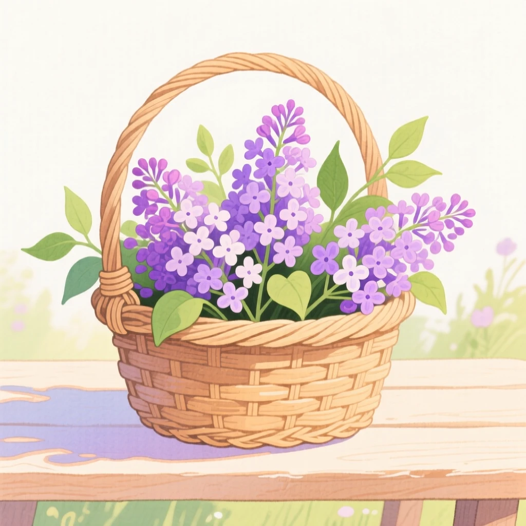 A basket of freshly cut lilacs, vivid and full of life.