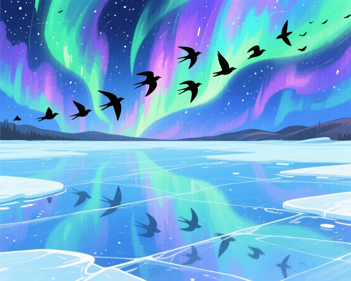 A frozen lake reflecting a sky full of northern lights, with a flock of birds silhouetted against the sky, capturing the breathtaking beauty of untouched nature.