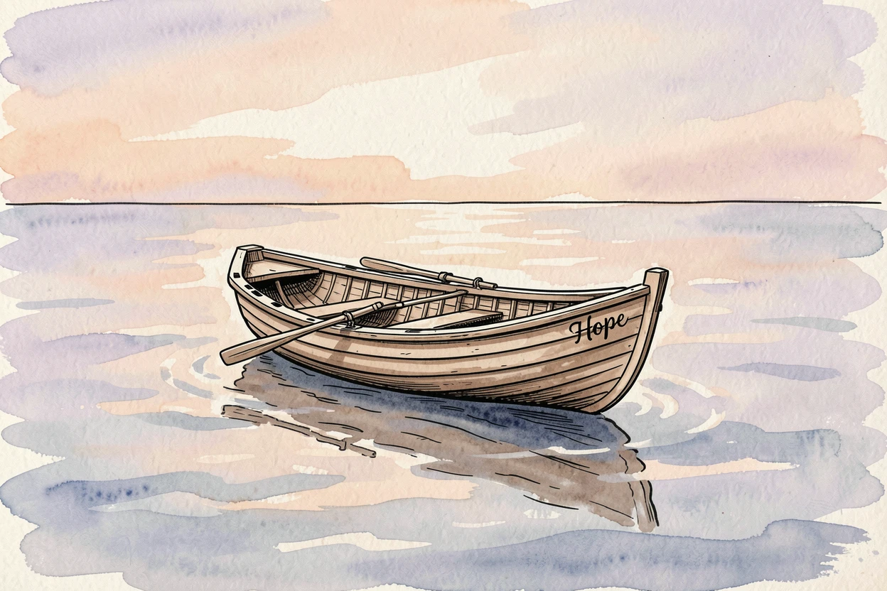A small boat setting out alone across a vast calm ocean at dawn, a feeling of quiet determination and resilience.