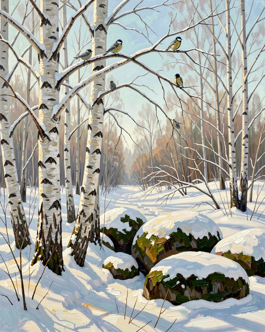 A sun-dappled birch grove, beside a cluster of moss-covered boulders, birdsong echoing through the still air, under fresh snowfall, branches bowed with white.