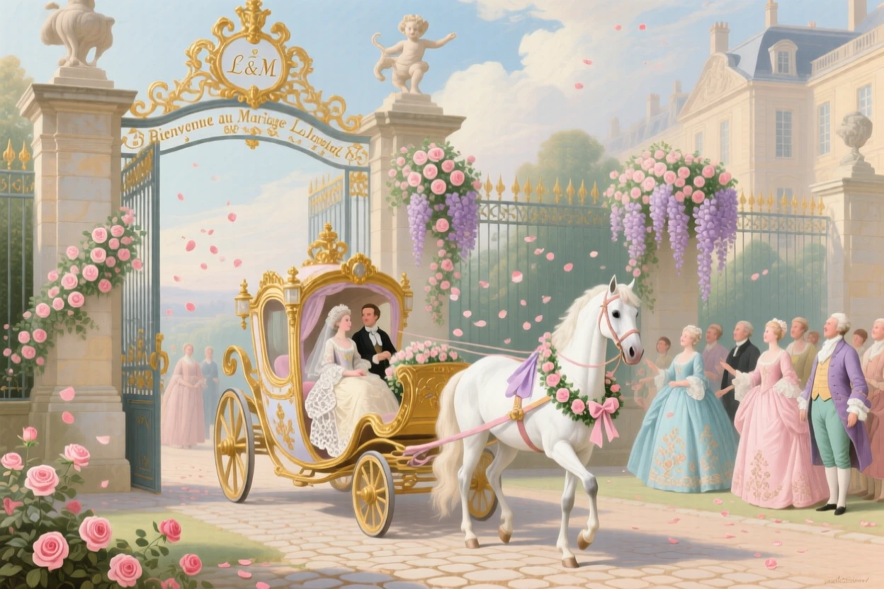 A wedding carriage departing through a palace gate under falling rose petals  