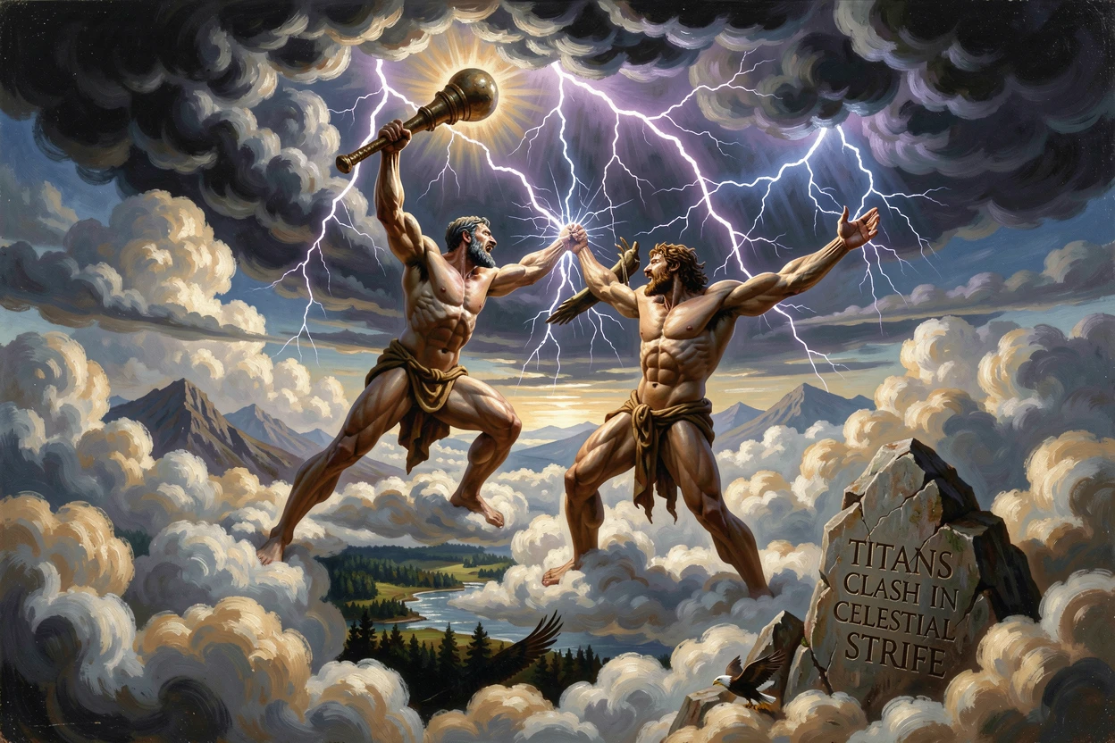 Titans clash among the clouds as lightning splits the sky.