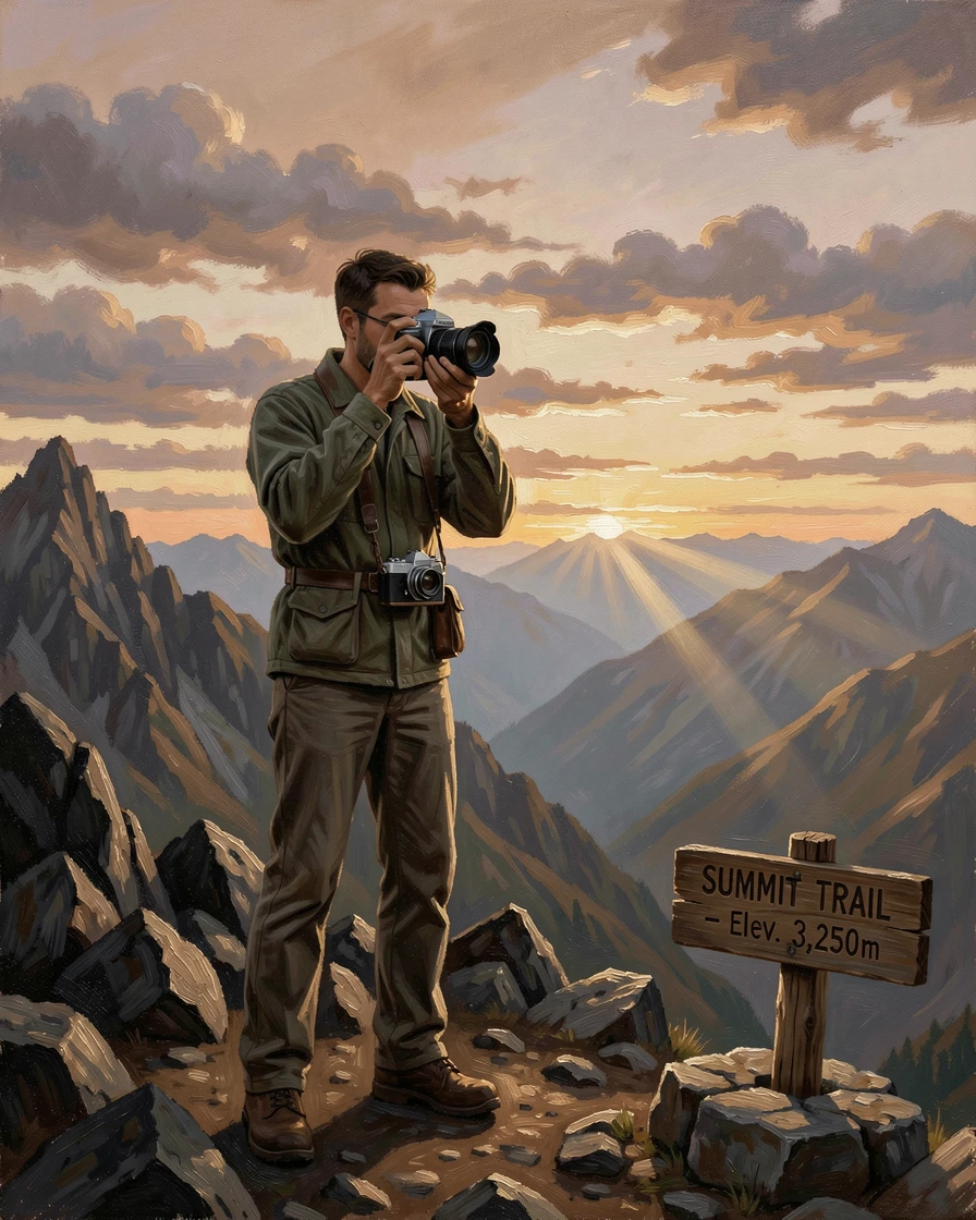 A photographer capturing a dramatic sunrise from a mountain summit, as dramatic natural light enhances the excitement of the journey, celebrating exploration, discovery, and unforgettable experiences