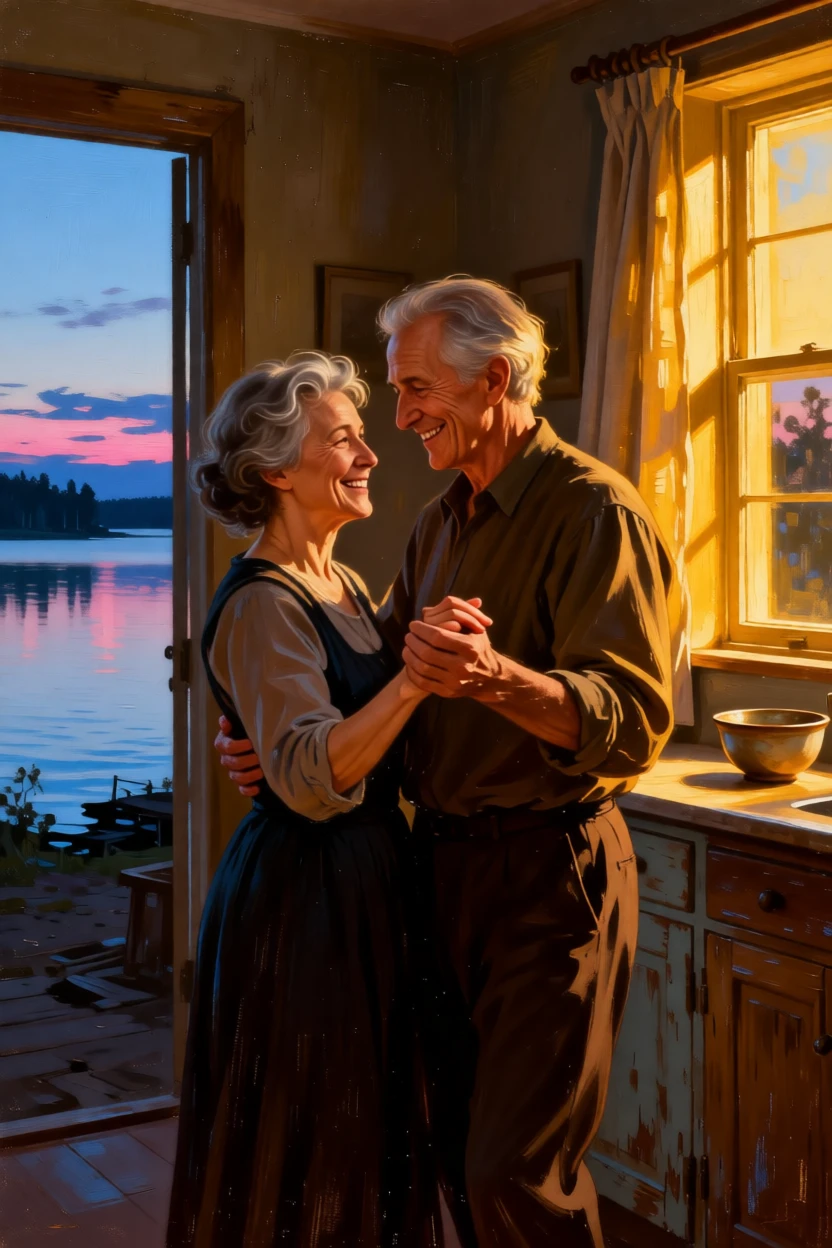 An elderly couple dancing quietly in their kitchen at dusk as laughter and love fill an otherwise ordinary afternoon, set beside a lakeshore glowing under a soft evening sky, with soft golden light catching genuine, unguarded smiles; the arrangement of figures suggests closeness without crowding, radiating warmth, comfort, and belonging.