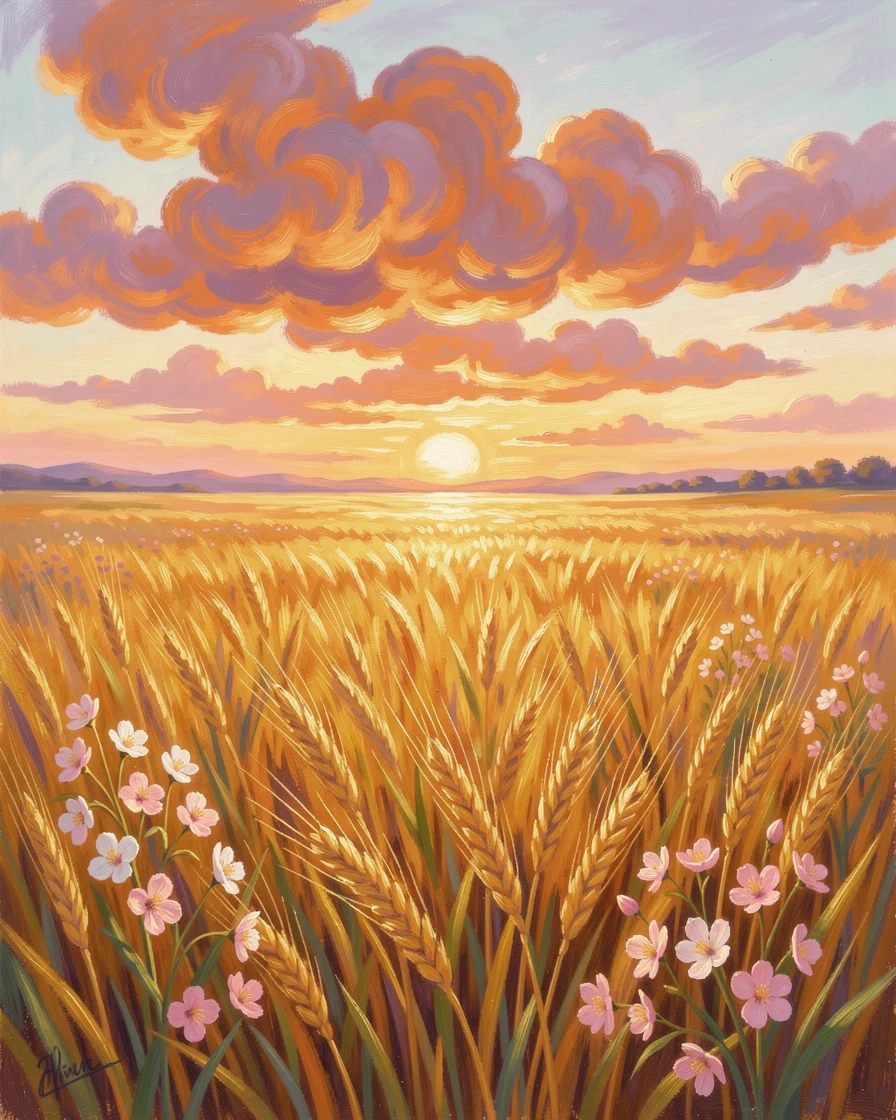 A dramatic sky filled with mammatus clouds glowing orange above a golden wheat field at sunset, just as the first blossoms of spring appear, filled with a cozy, comforting atmosphere.