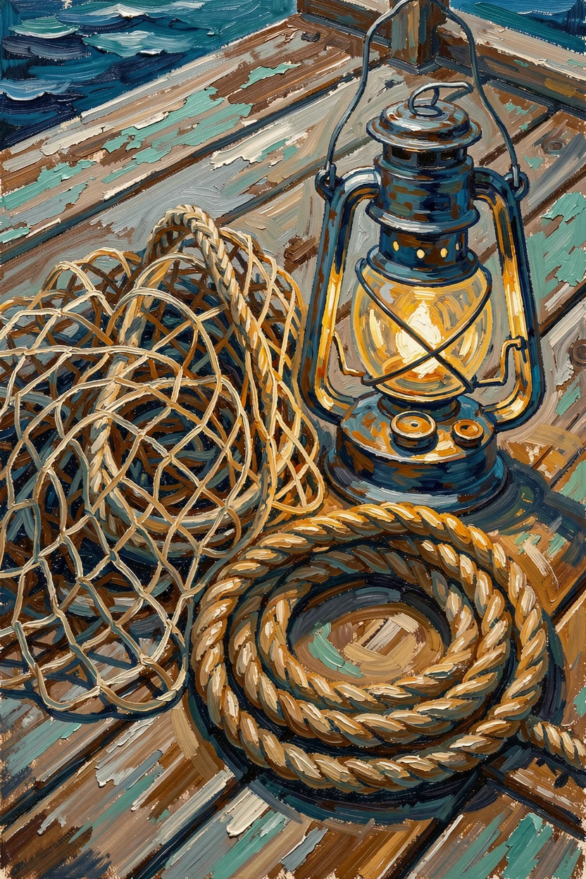 A still life of a fisherman's net, lantern, and coiled rope on a weathered dock.