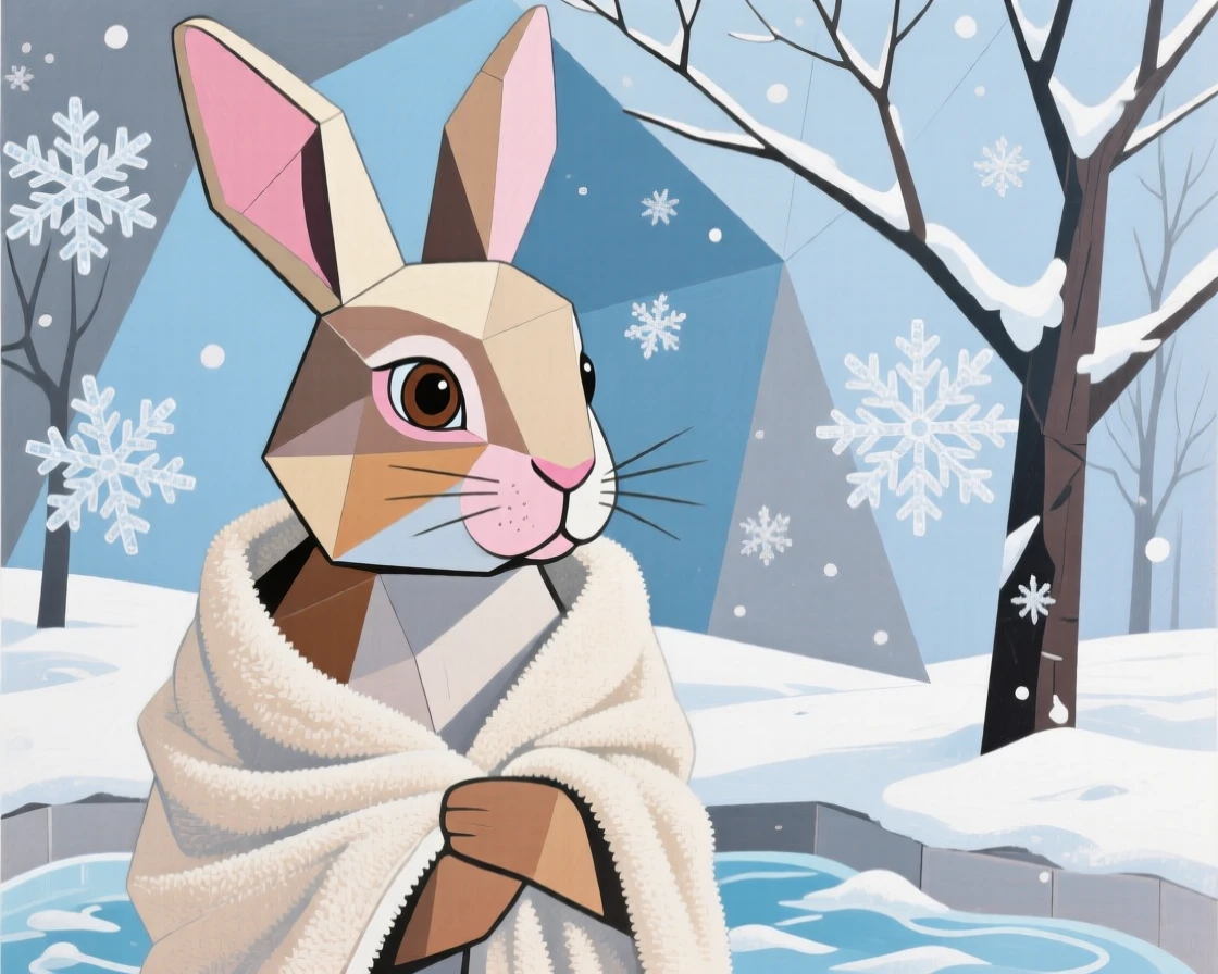 A charming portrait of a curious rabbit wrapped in a soft towel after a bath, during a quiet snowy morning.