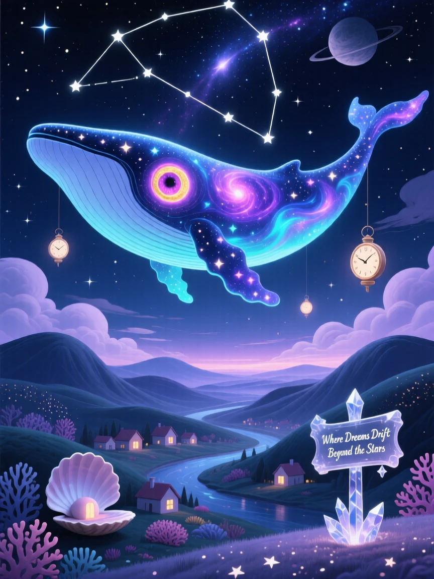 A night sky where constellations form the outline of a giant whale hangs silently over a sleeping world below, while the entire scene shimmers with quiet, cosmic stillness.