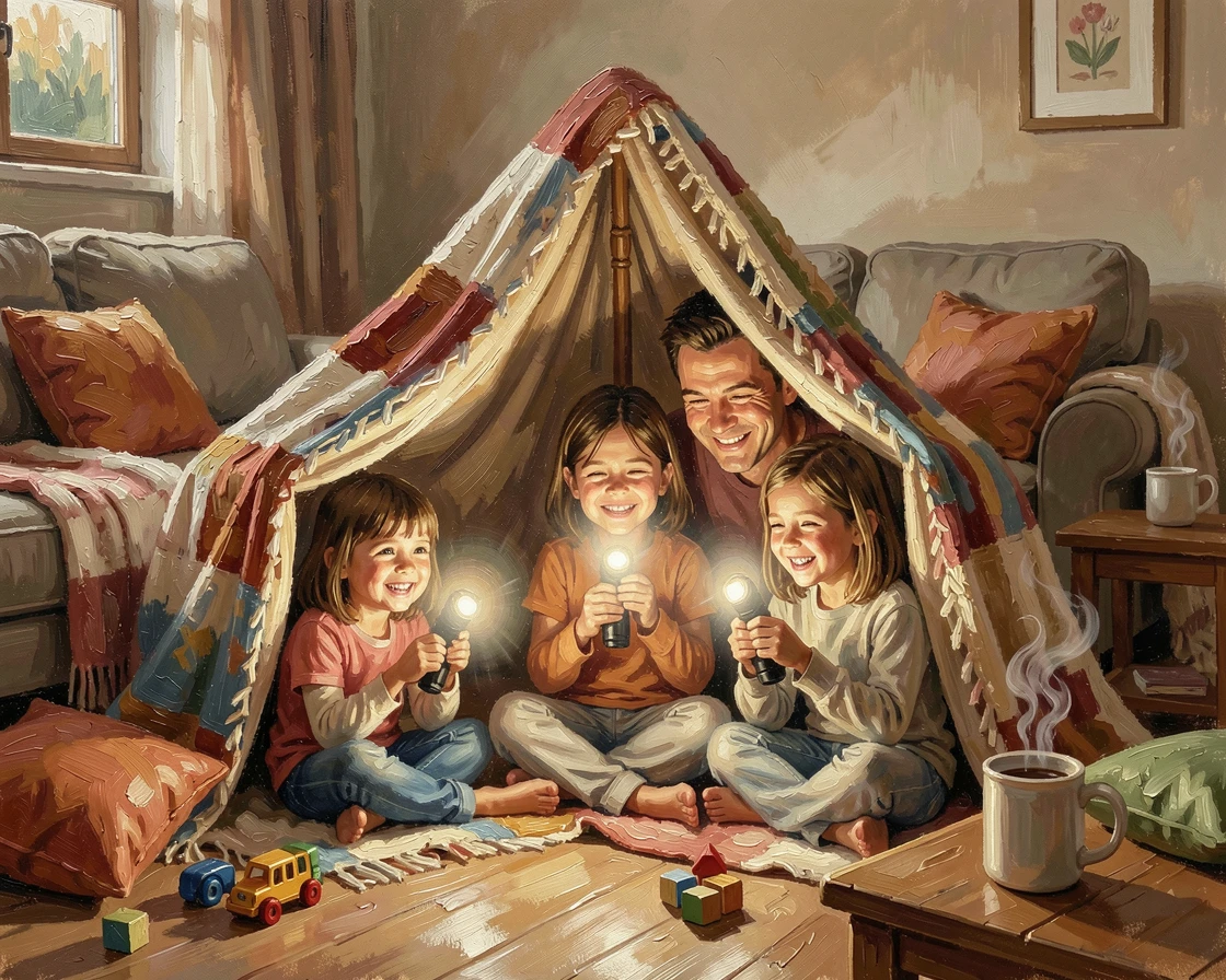 A cozy scene shows a family building a blanket fort in the living room, flashlights illuminating their laughing faces from within, a sense of genuine, unguarded emotion captured in the small details of their expression.