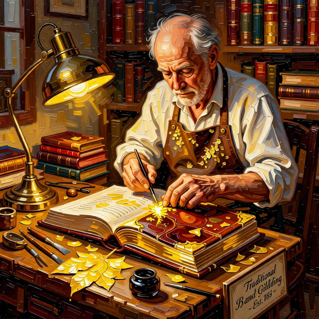 A bookbinder gilding the edges of a leather-bound volume by hand