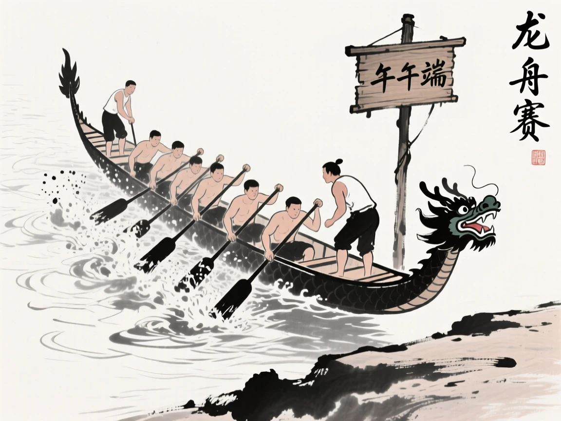 A team prepares their dragon boat at the riverbank before the festival race begins, as spray leaps from the oars with every stroke.