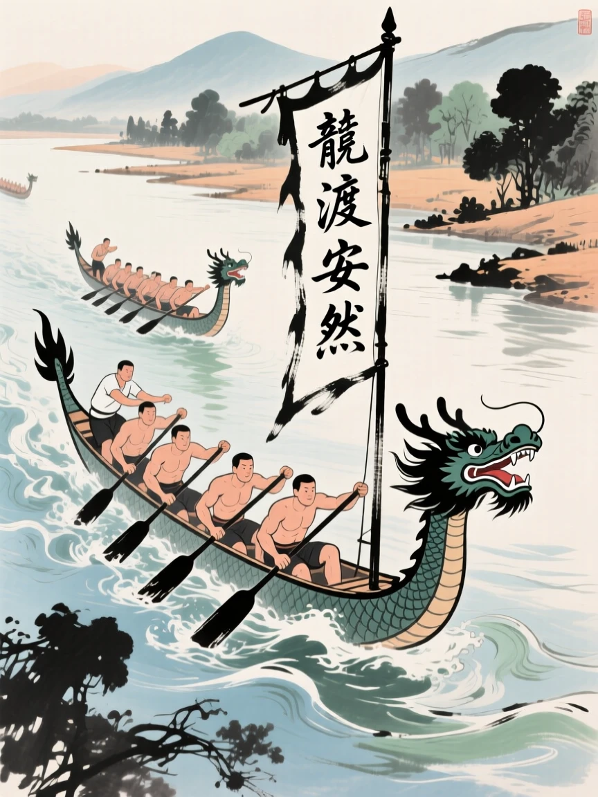 A dragon boat race with rowers straining against a swift river current, brimming with peaceful contentment.