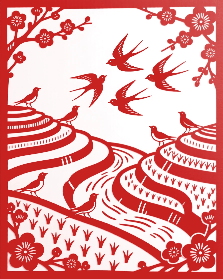 A Spring scene of a terraced field ready for harvest, birds gathering before their seasonal journey.