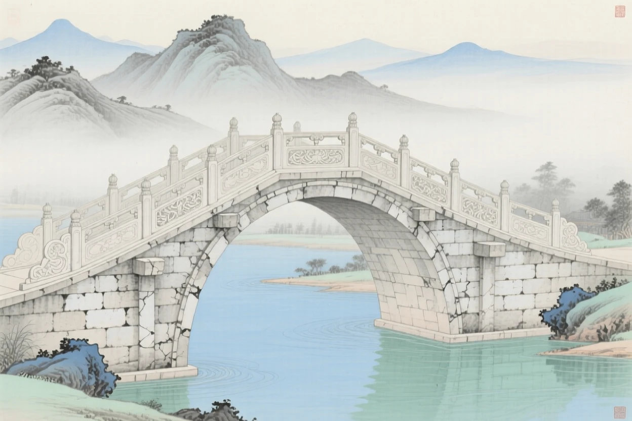 An ancient stone bridge arching over a slow river, with distant peaks fading into layers of mist