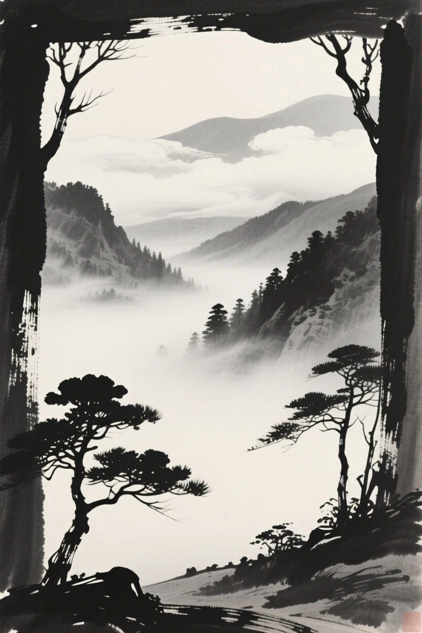 A remote valley wrapped in low-lying morning mist beneath a canopy of drifting cloud banks, framed through a gap in the trees, revealing the valley beyond, capturing a fleeting, serene moment suspended in time.