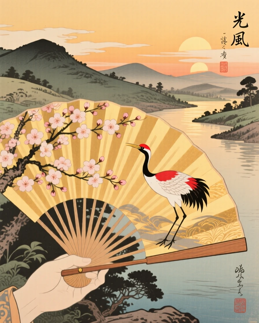 An ornate painted folding fan glowing warm in afternoon sunlight.