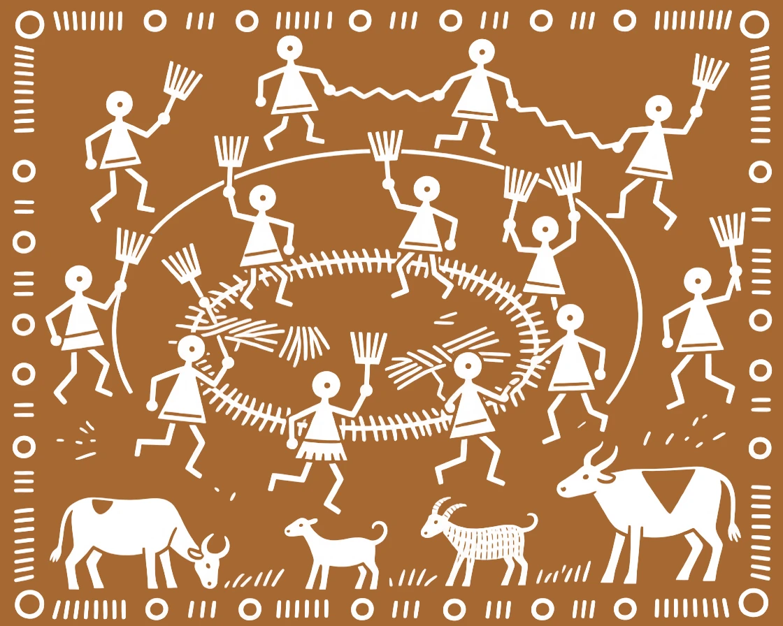 A composition centered on a village threshing circle surrounded by dancing figures and grazing animals.