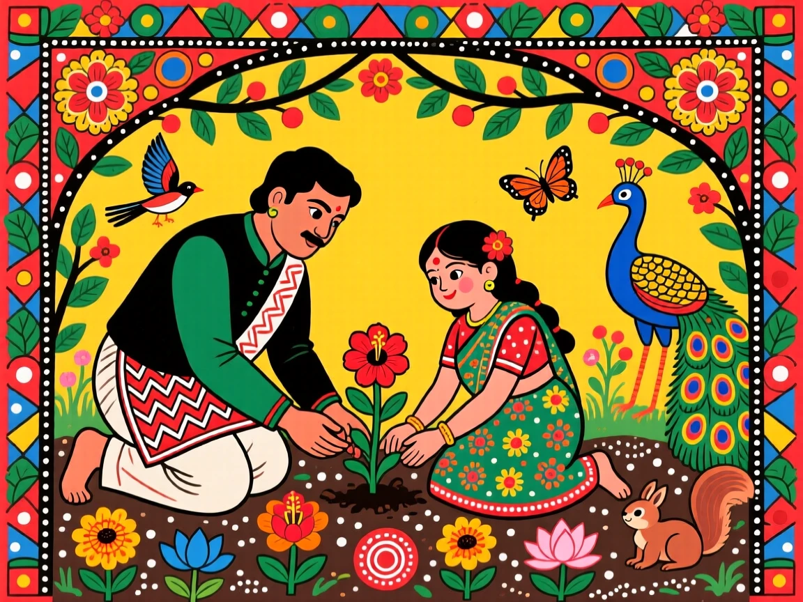 A father and daughter planting flowers together in a spring garden.