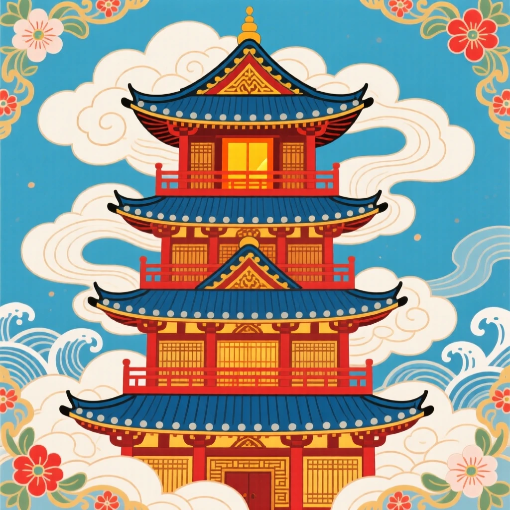 A palace tower wrapped in clouds, its highest window glowing with warm light.