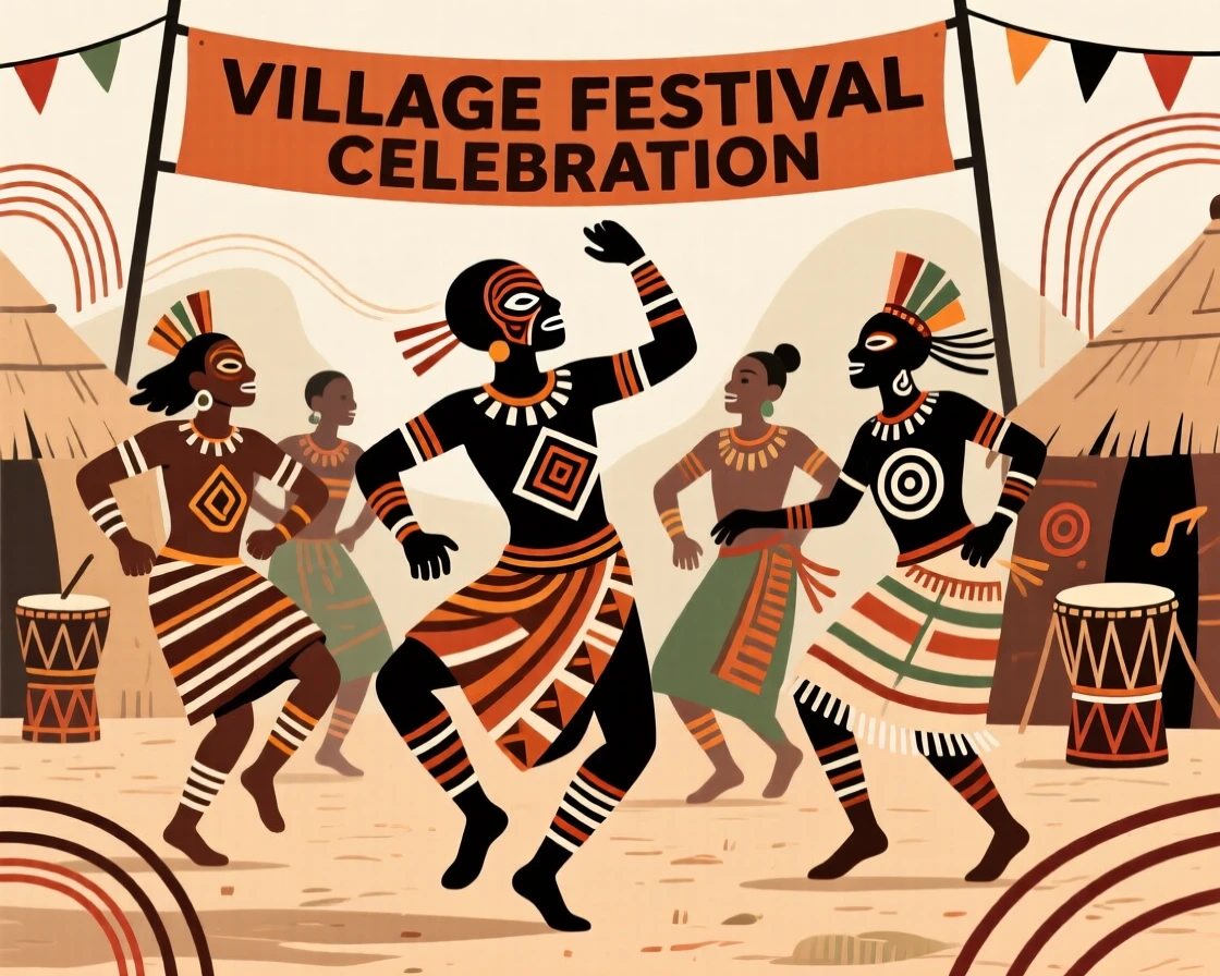 A festival dance troupe celebrating at a lively village festival.