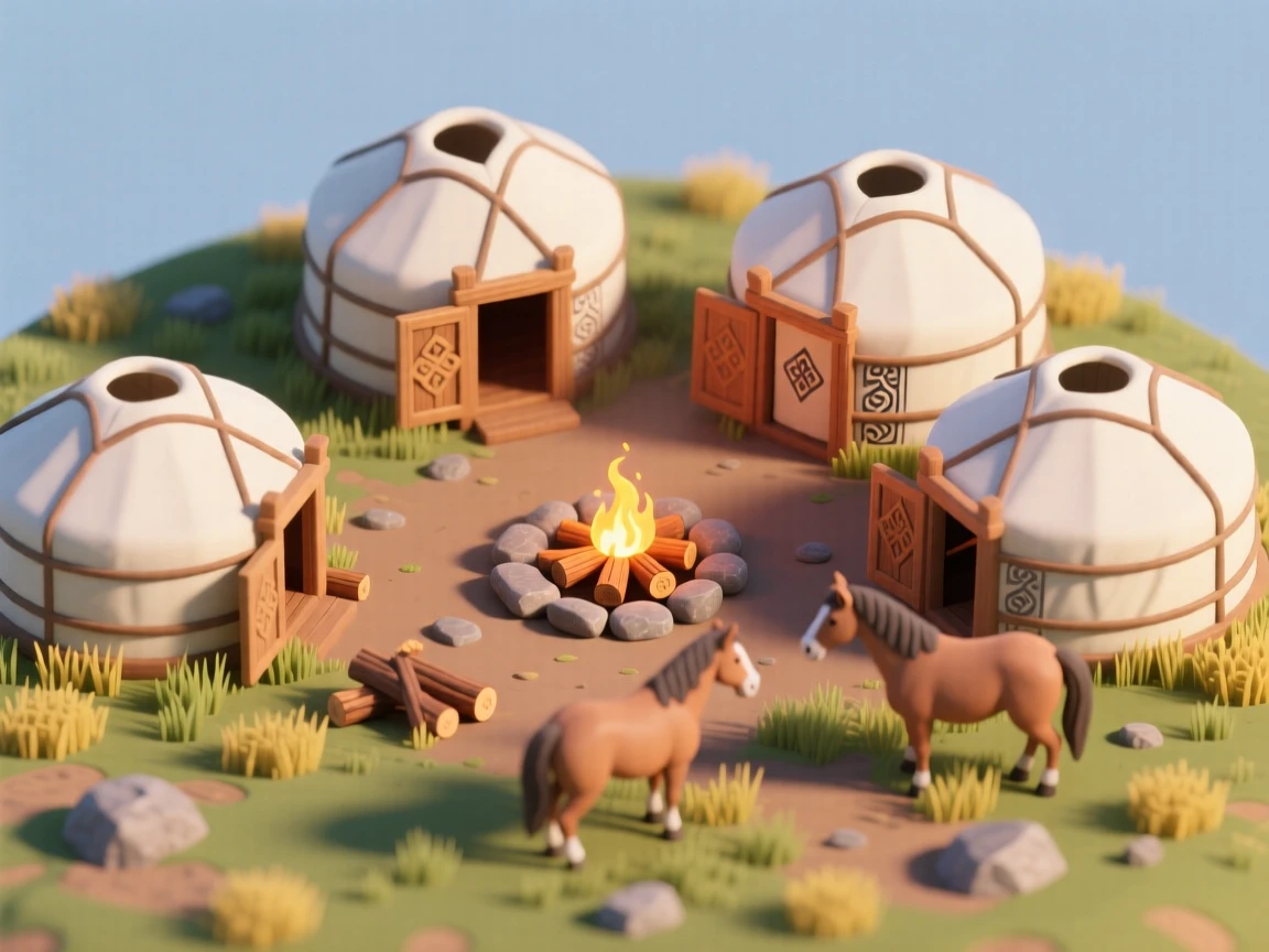 An ancient Mongolian steppe encampment with yurts arranged in a circle, horses grazing, and a fire crackling at the center.