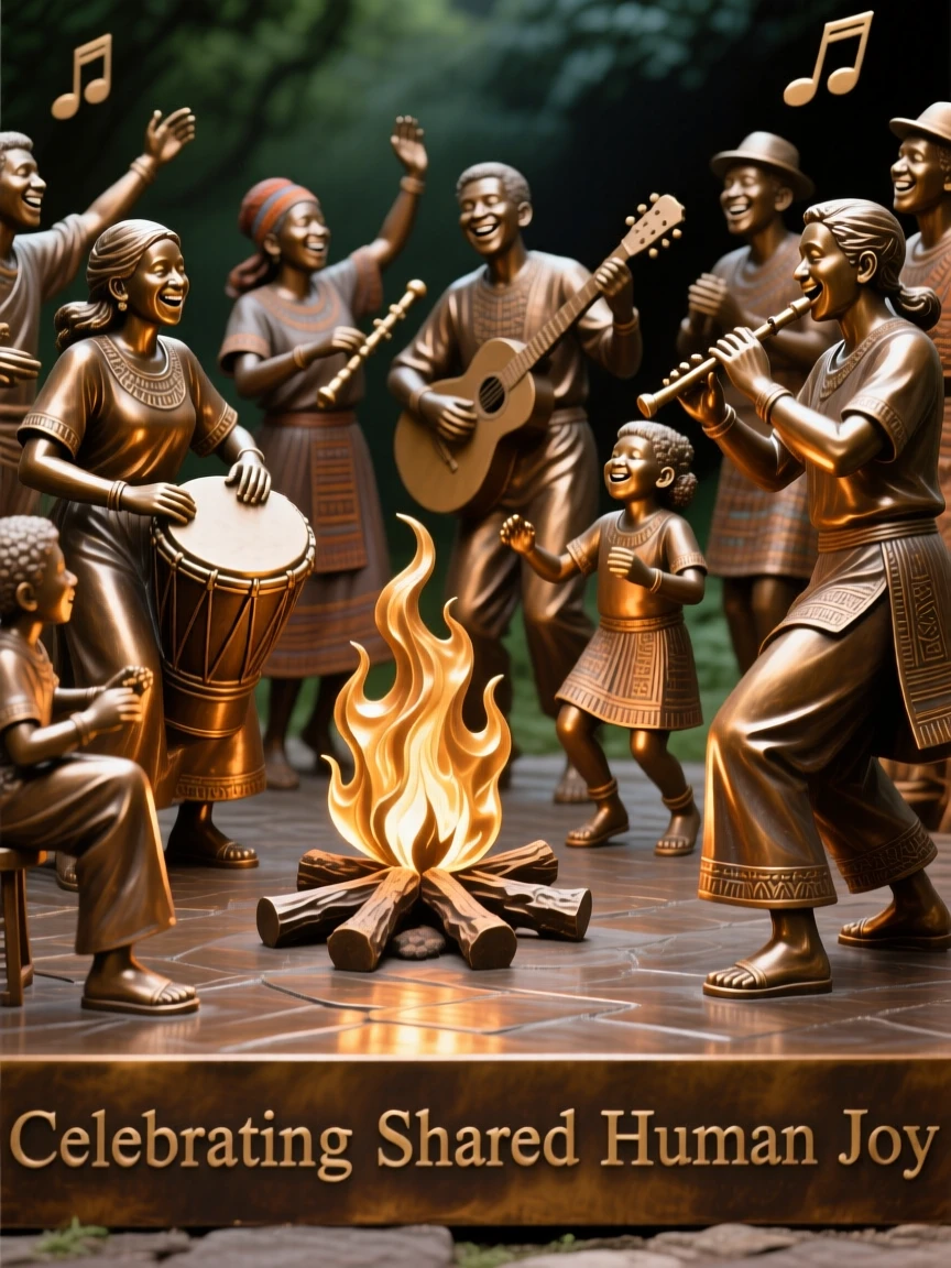 A community sharing music and dance around a bonfire, with rich cultural detail and vibrant color, celebrating shared human joy