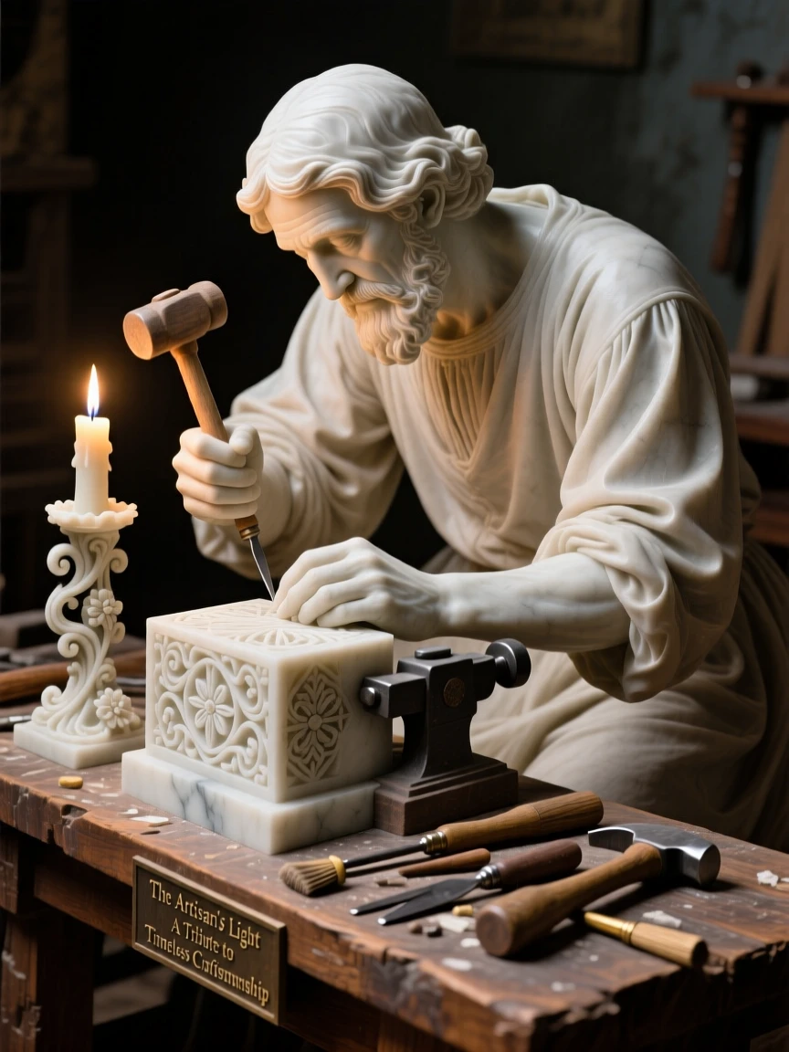 A beautifully composed image of an artisan carving intricate patterns by candlelight, captured with cinematic depth and detail, full of atmosphere and visual storytelling