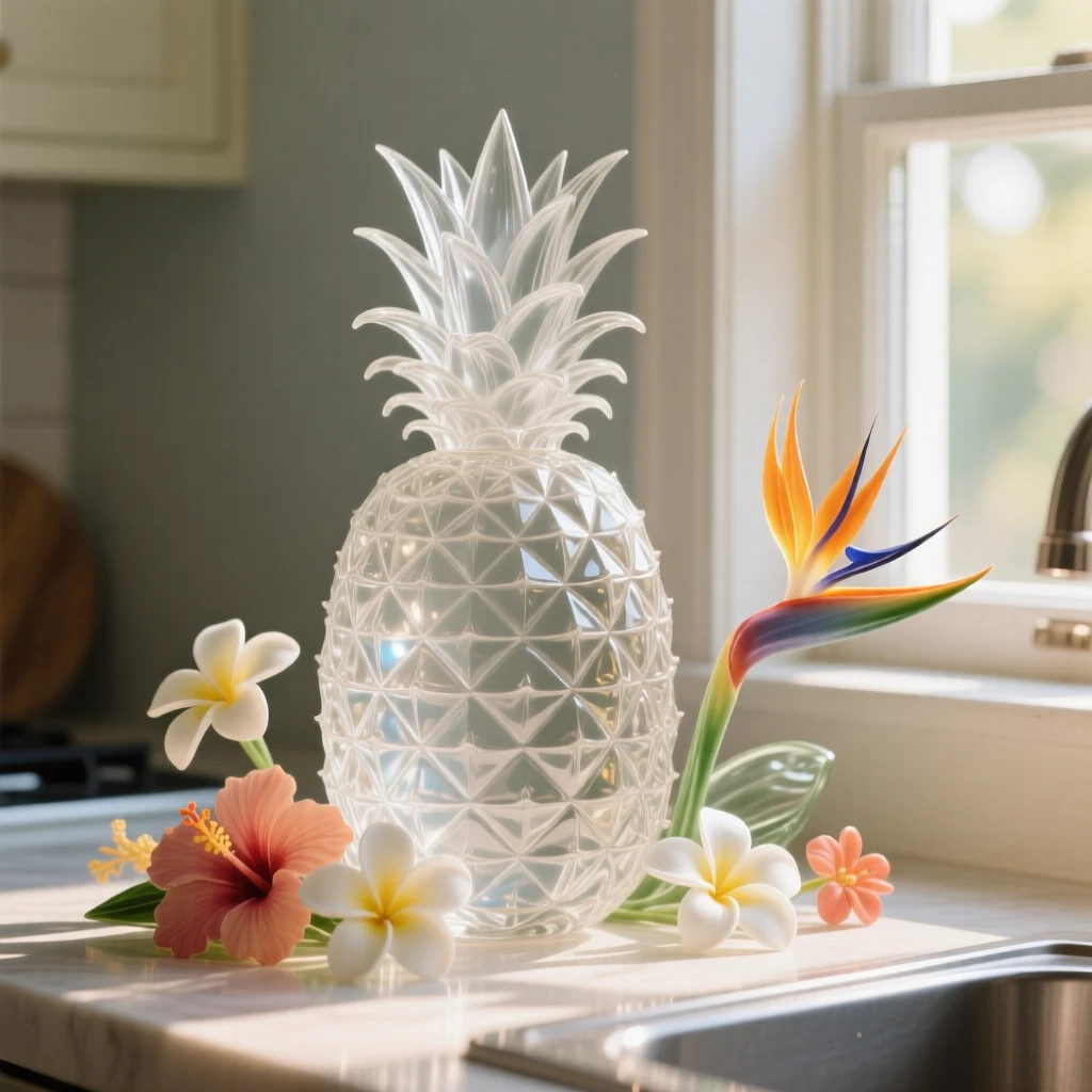 Beside a sunlit kitchen window, a pineapple surrounded by a scattering of tropical flowers, while the scent of fresh baking fills the room
