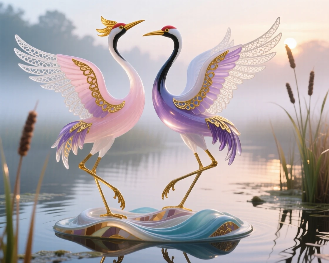 A pair of cranes dancing together at the edge of a misty wetland at the crack of dawn, elegant and symbolic.