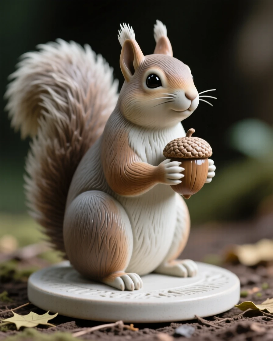 A squirrel clutching an acorn gazing calmly toward the horizon, with a soft breeze lifting its fur, conveying calm strength and quiet pride.
