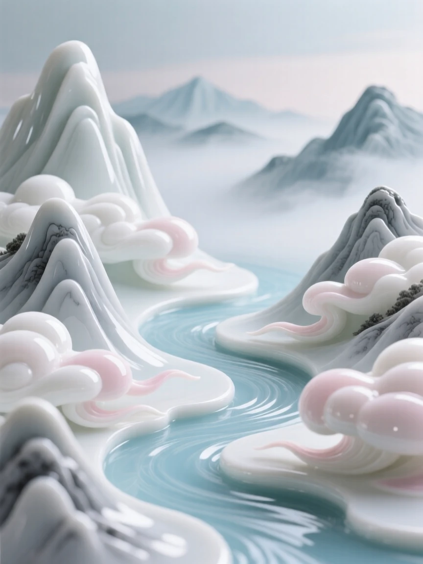 A dreamlike scene of a river of clouds winding through a mountain valley, rendered with soft, dreamlike light.