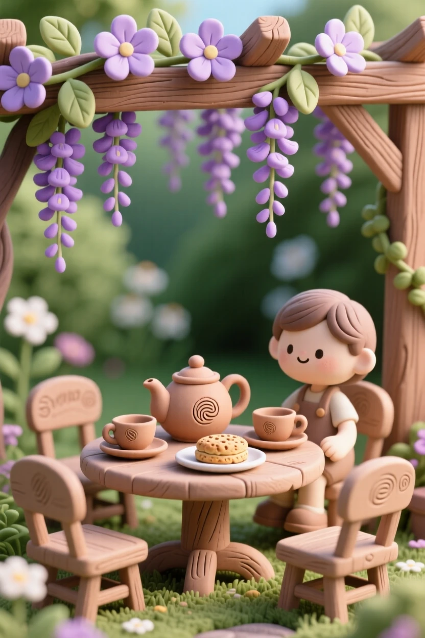 A springtime garden tea party beneath a blossoming wisteria arbor