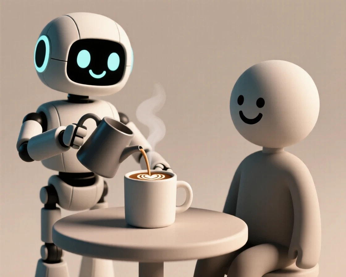 A cheerful robot barista pours a perfectly latte-art heart into a steaming mug for a smiling customer.