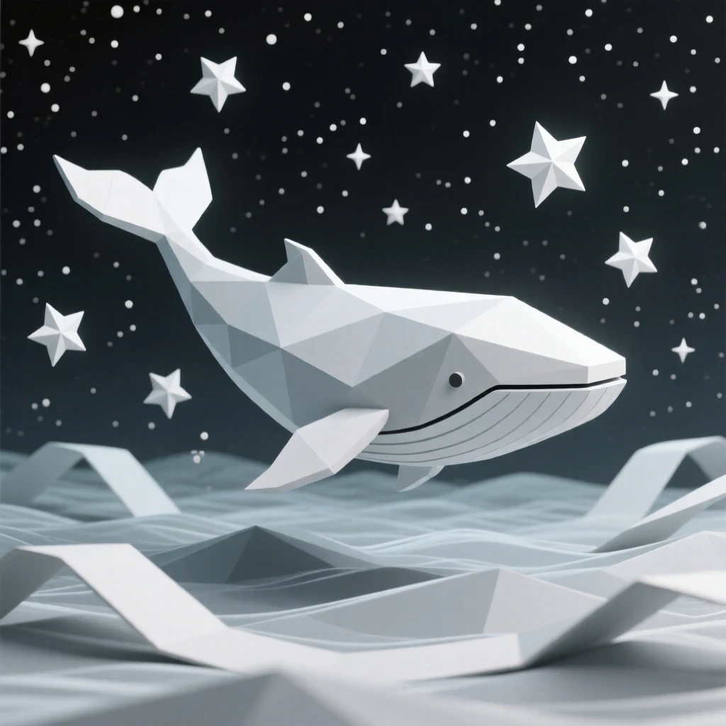 A cosmic whale drifting gently through a sea of stars, beneath deep blue underwater currents. rich color gradients enhance the dreamlike atmosphere. A sense of quiet wonder fills the cosmos.