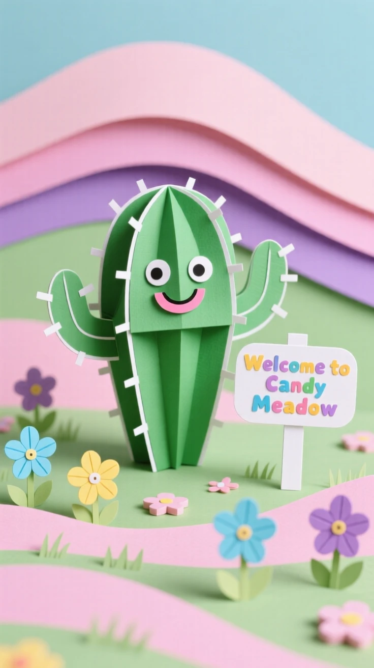 A cheerful cactus character exploring a miniature candy-colored meadow, with little flowers blooming in its wake, evoking cozy storybook charm.